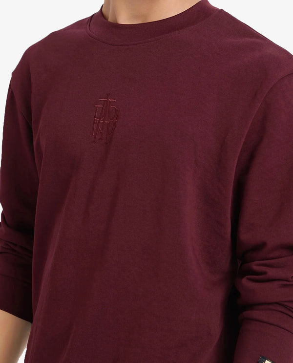 Rare Rabbit Men Wares Maroon Lurex Full Sleeve Crew Neck Plain Embroidered Logo Sweatshirt