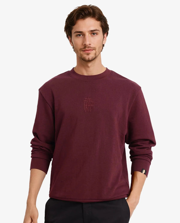 Rare Rabbit Men Wares Maroon Lurex Full Sleeve Crew Neck Plain Embroidered Logo Sweatshirt