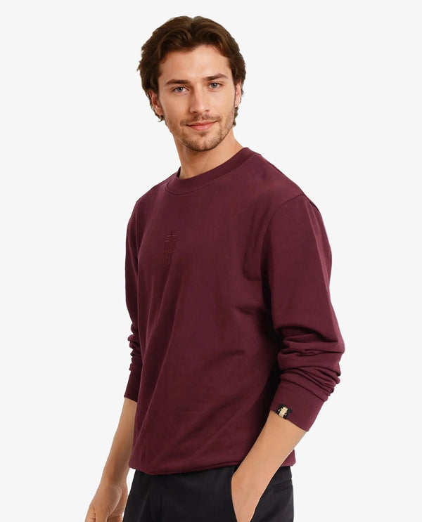 Rare Rabbit Men Wares Maroon Lurex Full Sleeve Crew Neck Plain Embroidered Logo Sweatshirt