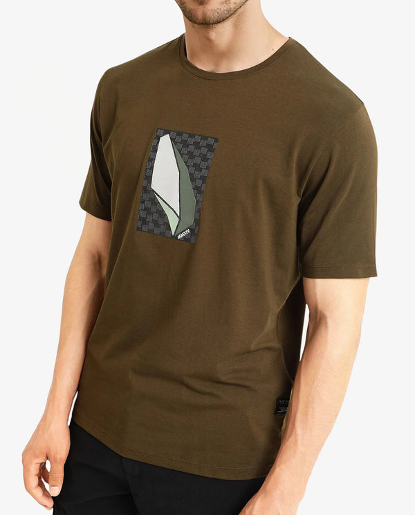 Rare Rabbit Men Well Dusky Green Cotton Lycra Fabric Short Sleeve Crew Neck Regular Fit Graphic Chest Print T-Shirt