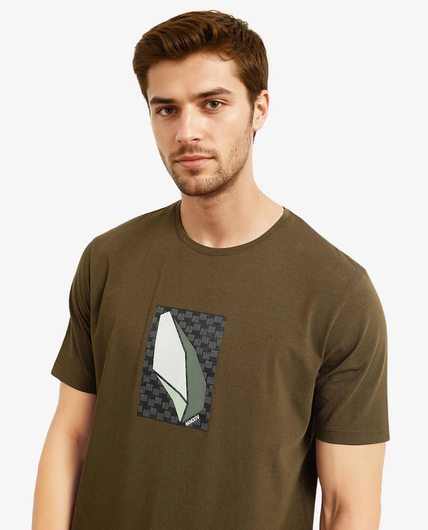 Rare Rabbit Men Well Dusky Green Cotton Lycra Fabric Short Sleeve Crew Neck Regular Fit Graphic Chest Print T-Shirt