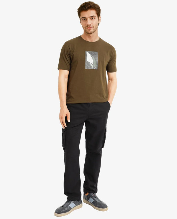 Rare Rabbit Men Well Dusky Green Cotton Lycra Fabric Short Sleeve Crew Neck Regular Fit Graphic Chest Print T-Shirt