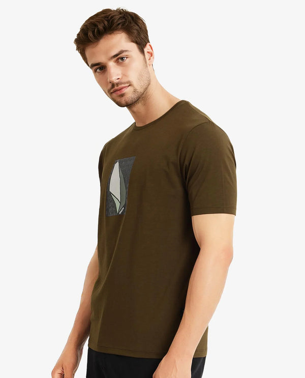Rare Rabbit Men Well Dusky Green Cotton Lycra Fabric Short Sleeve Crew Neck Regular Fit Graphic Chest Print T-Shirt
