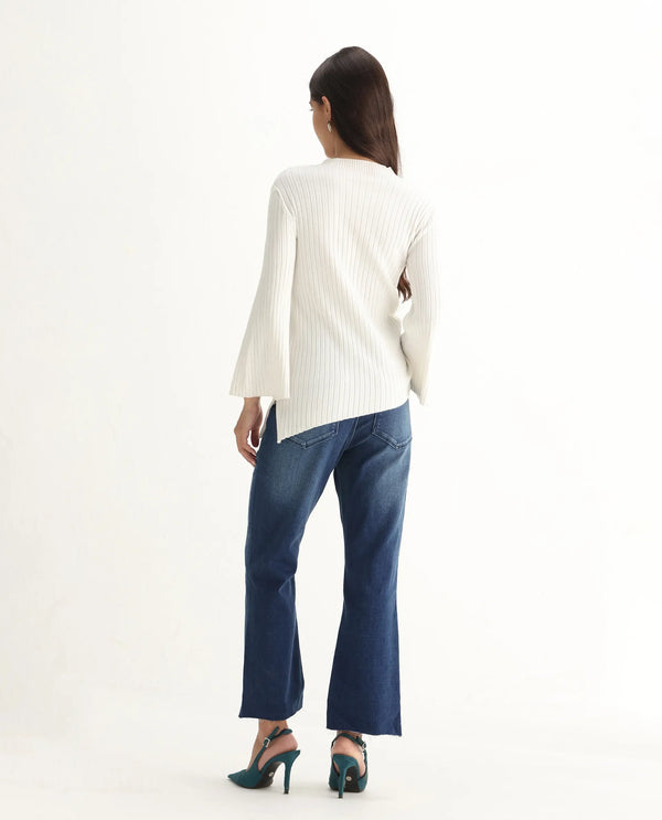 Rareism Women Winona Blue Cotton Fabric Plain Crop Flare Jeans