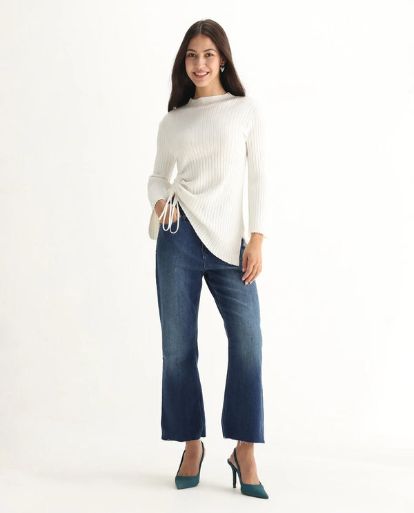 Rareism Women Winona Blue Cotton Fabric Plain Crop Flare Jeans