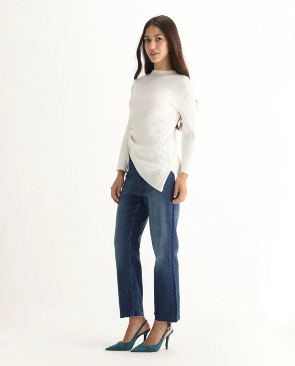 Rareism Women Winona Blue Cotton Fabric Plain Crop Flare Jeans