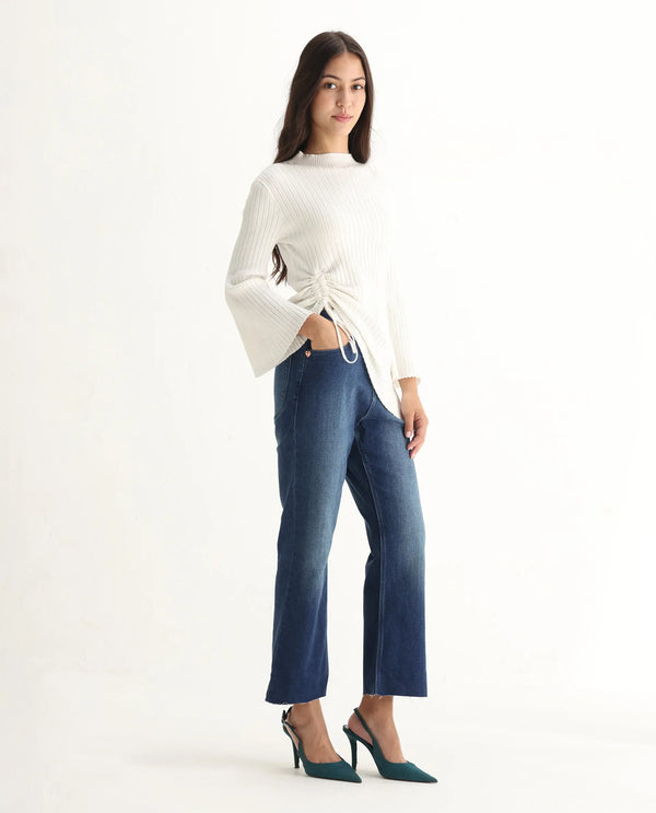 Rareism Women Winona Blue Cotton Fabric Plain Crop Flare Jeans