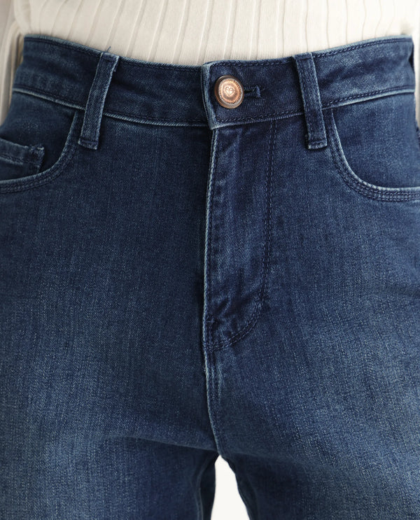 Rareism Women Winona Blue Cotton Fabric Plain Crop Flare Jeans