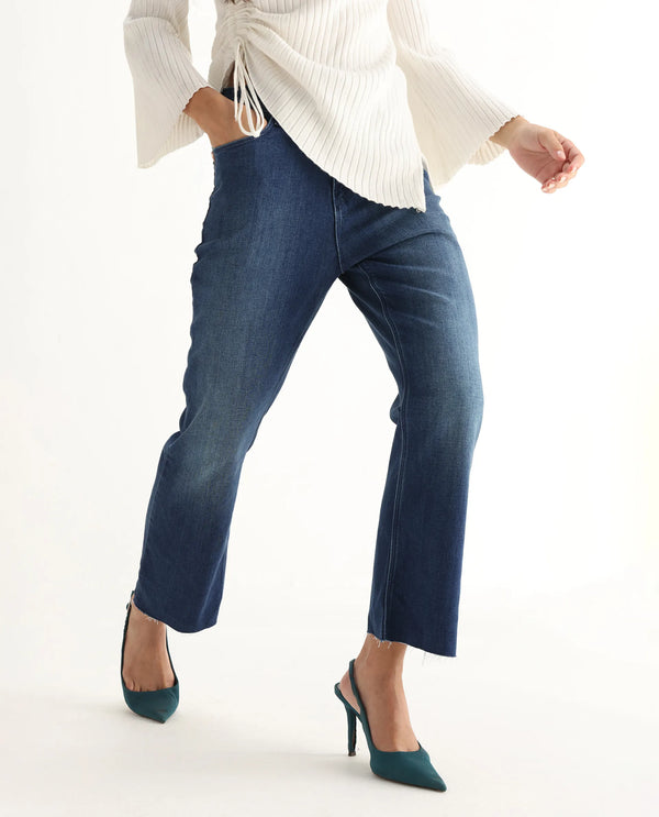 Rareism Women Winona Blue Cotton Fabric Plain Crop Flare Jeans