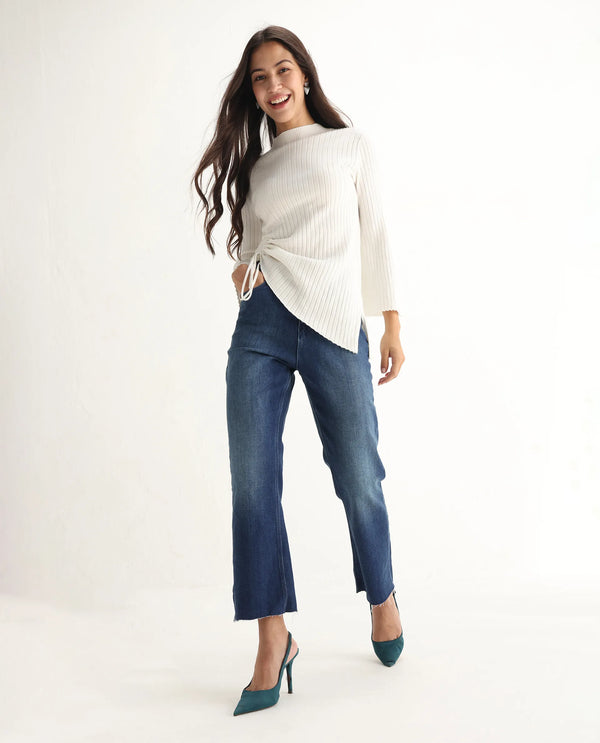 Rareism Women Winona Blue Cotton Fabric Plain Crop Flare Jeans