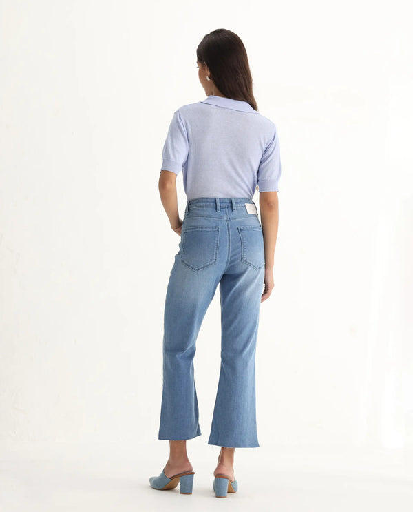 Rareism Women Winona Pastel Blue Cotton Fabric Plain Crop Flare Jeans