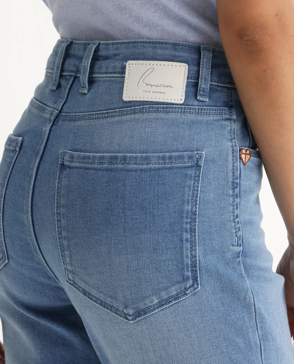 Rareism Women Winona Pastel Blue Cotton Fabric Plain Crop Flare Jeans