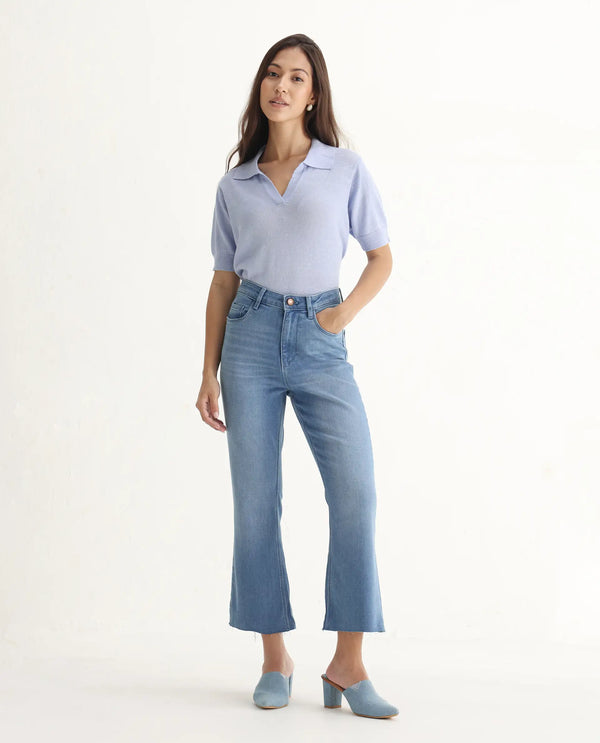 Rareism Women Winona Pastel Blue Cotton Fabric Plain Crop Flare Jeans