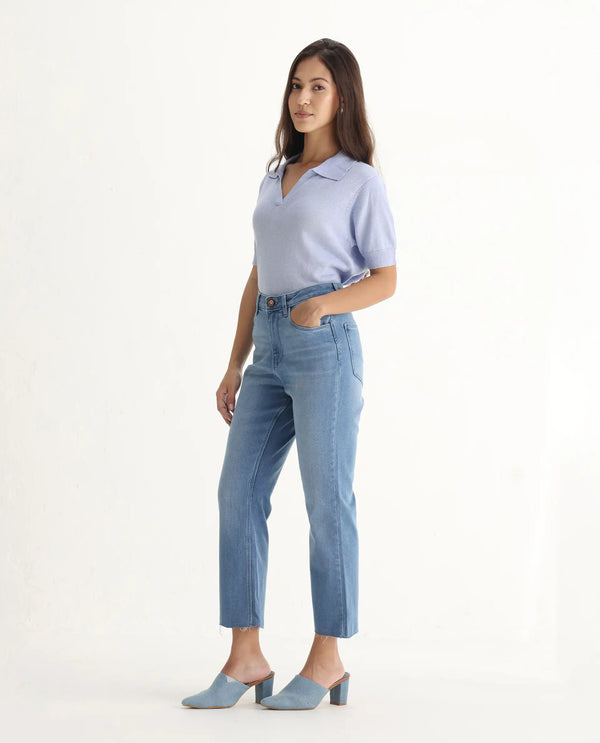 Rareism Women Winona Pastel Blue Cotton Fabric Plain Crop Flare Jeans