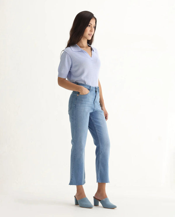 Rareism Women Winona Pastel Blue Cotton Fabric Plain Crop Flare Jeans