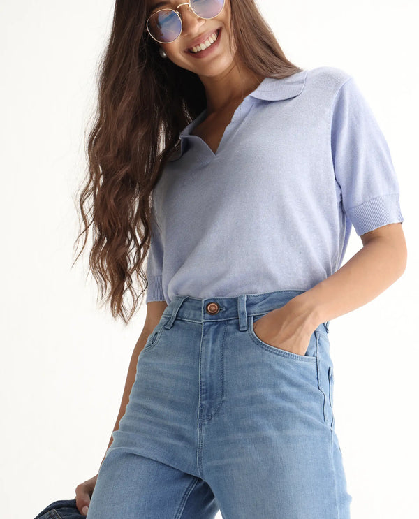 Rareism Women Winona Pastel Blue Cotton Fabric Plain Crop Flare Jeans