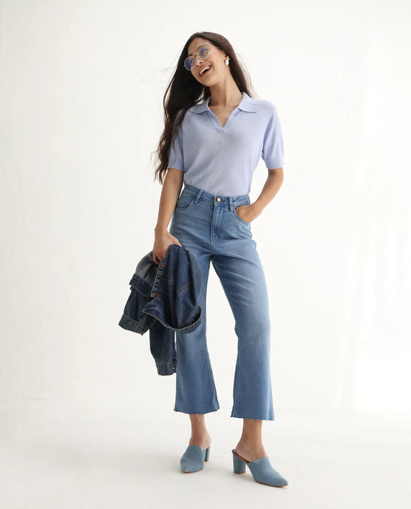 Rareism Women Winona Pastel Blue Cotton Fabric Plain Crop Flare Jeans