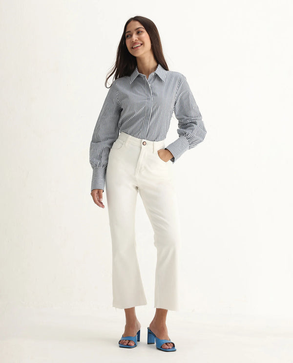 Rareism Women Winona White Cotton Fabric Plain Crop Flare Jeans
