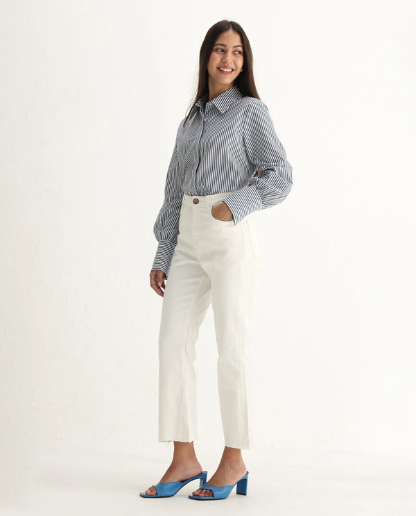 Rareism Women Winona White Cotton Fabric Plain Crop Flare Jeans