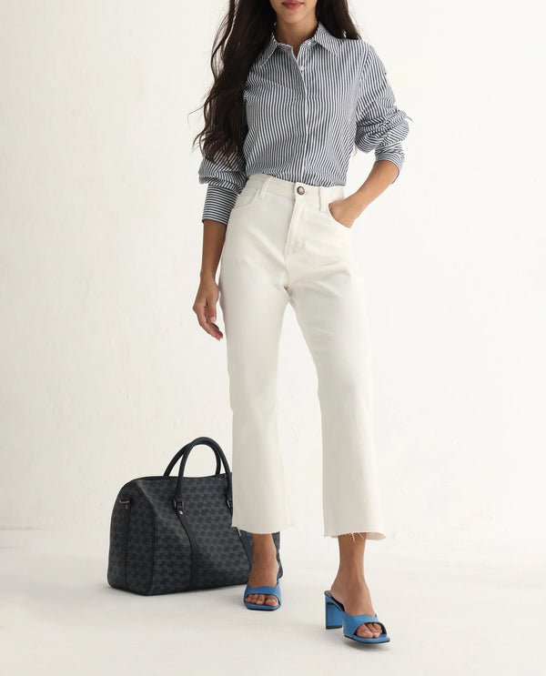 Rareism Women Winona White Cotton Fabric Plain Crop Flare Jeans