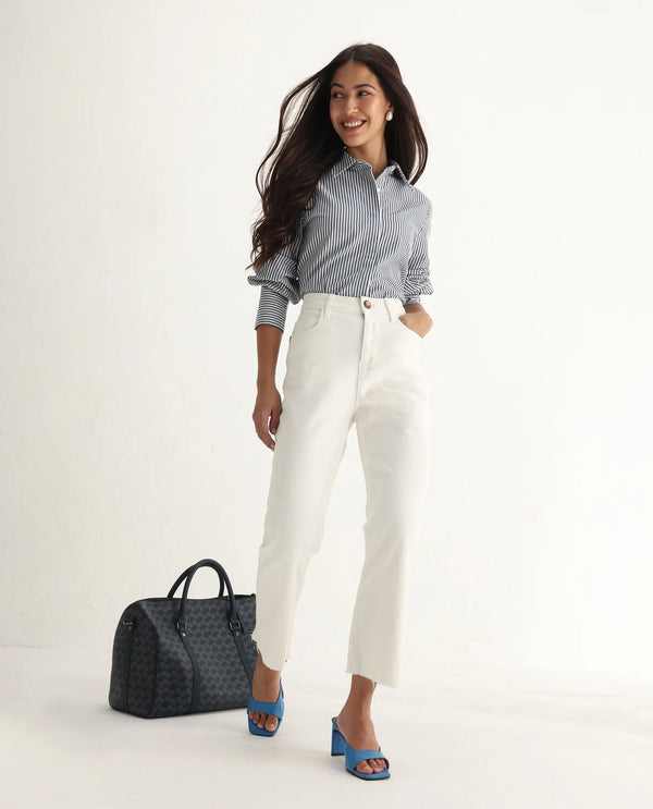 Rareism Women Winona White Cotton Fabric Plain Crop Flare Jeans