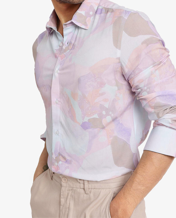 Rare Rabbit Men Xano Pastel Blue Viscose Nylon Fabric Full Sleeve Regular Fit Abstract Print Shirt