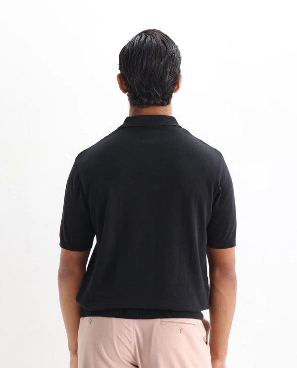 Rare Rabbit Men Xas Black Cotton Fabric Short Sleeve Regular Collared Cable Knit Plain Polo T-Shirt
