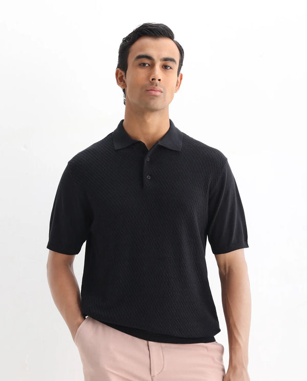 Rare Rabbit Men Xas Black Cotton Fabric Short Sleeve Regular Collared Cable Knit Plain Polo T-Shirt