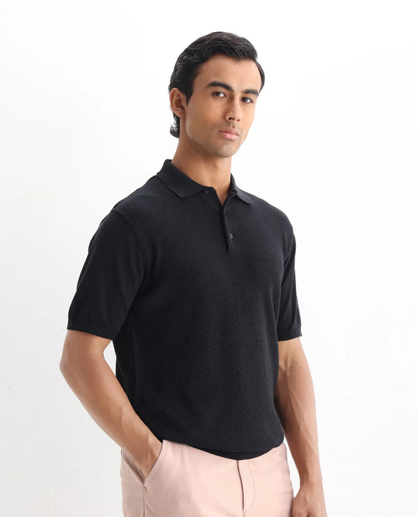 Rare Rabbit Men Xas Black Cotton Fabric Short Sleeve Regular Collared Cable Knit Plain Polo T-Shirt