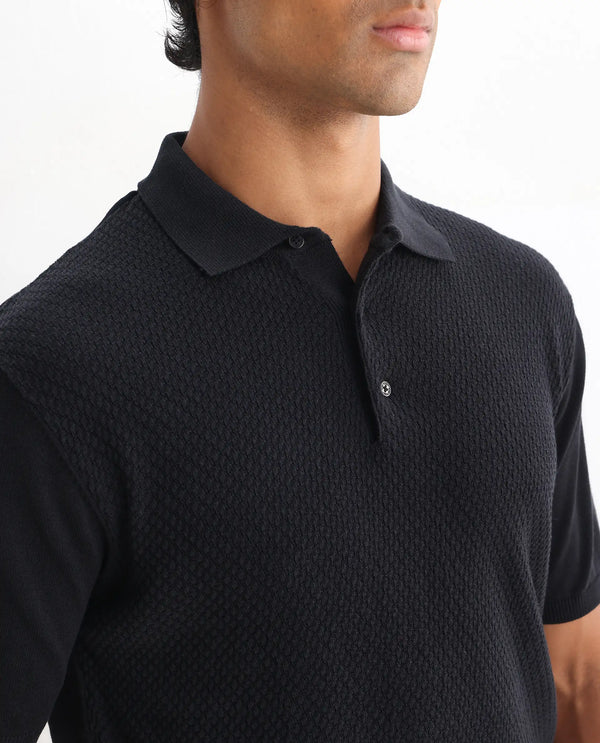 Rare Rabbit Men Xas Black Cotton Fabric Short Sleeve Regular Collared Cable Knit Plain Polo T-Shirt