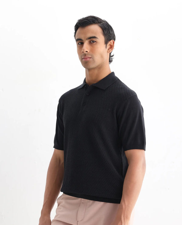 Rare Rabbit Men Xas Black Cotton Fabric Short Sleeve Regular Collared Cable Knit Plain Polo T-Shirt