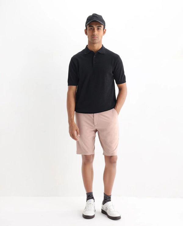 Rare Rabbit Men Xas Black Cotton Fabric Short Sleeve Regular Collared Cable Knit Plain Polo T-Shirt