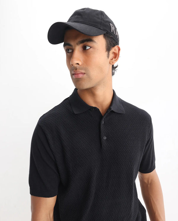 Rare Rabbit Men Xas Black Cotton Fabric Short Sleeve Regular Collared Cable Knit Plain Polo T-Shirt