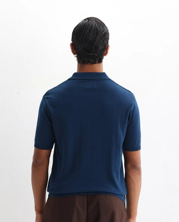 Rare Rabbit Men Xas Blue Cotton Fabric Short Sleeve Regular Collared Cable Knit Plain Polo T-Shirt