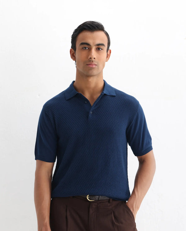Rare Rabbit Men Xas Blue Cotton Fabric Short Sleeve Regular Collared Cable Knit Plain Polo T-Shirt
