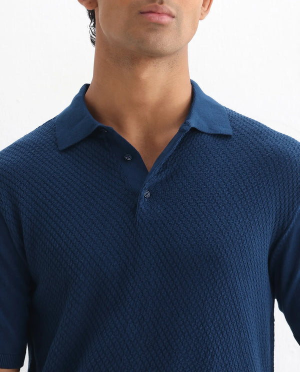 Rare Rabbit Men Xas Blue Cotton Fabric Short Sleeve Regular Collared Cable Knit Plain Polo T-Shirt