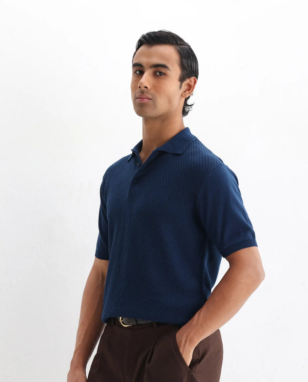 Rare Rabbit Men Xas Blue Cotton Fabric Short Sleeve Regular Collared Cable Knit Plain Polo T-Shirt