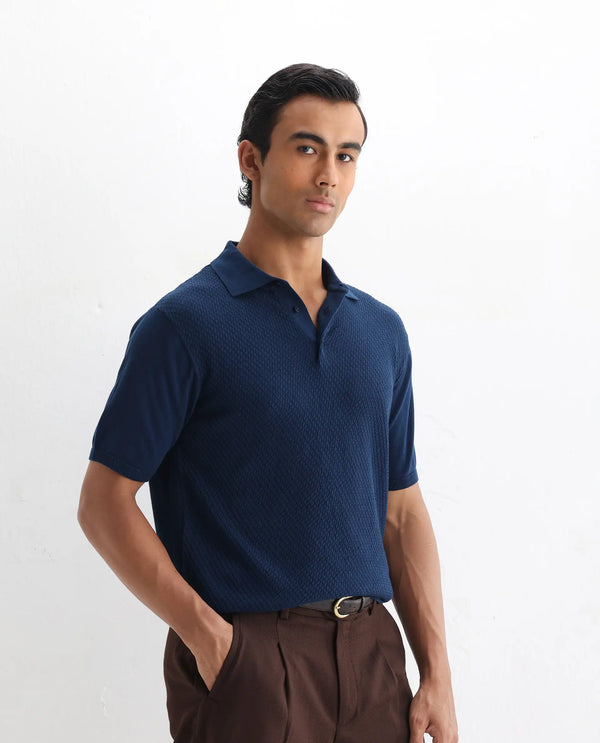 Rare Rabbit Men Xas Blue Cotton Fabric Short Sleeve Regular Collared Cable Knit Plain Polo T-Shirt