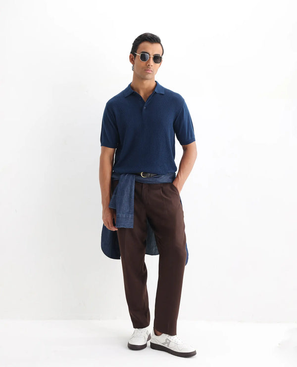 Rare Rabbit Men Xas Blue Cotton Fabric Short Sleeve Regular Collared Cable Knit Plain Polo T-Shirt