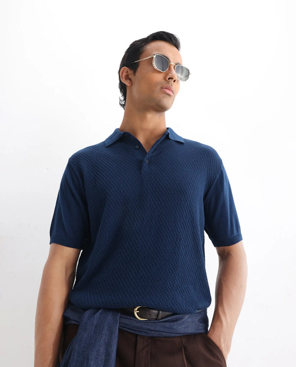 Rare Rabbit Men Xas Blue Cotton Fabric Short Sleeve Regular Collared Cable Knit Plain Polo T-Shirt