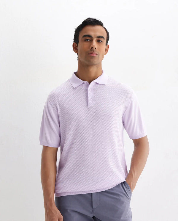 Rare Rabbit Men Xas Pastel Purple Cotton Fabric Short Sleeve Regular Collared Cable Knit Plain Polo T-Shirt