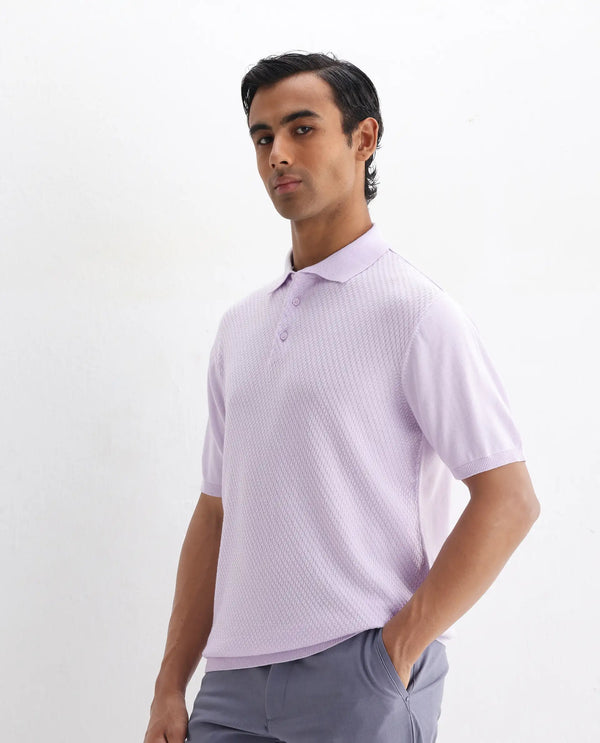 Rare Rabbit Men Xas Pastel Purple Cotton Fabric Short Sleeve Regular Collared Cable Knit Plain Polo T-Shirt