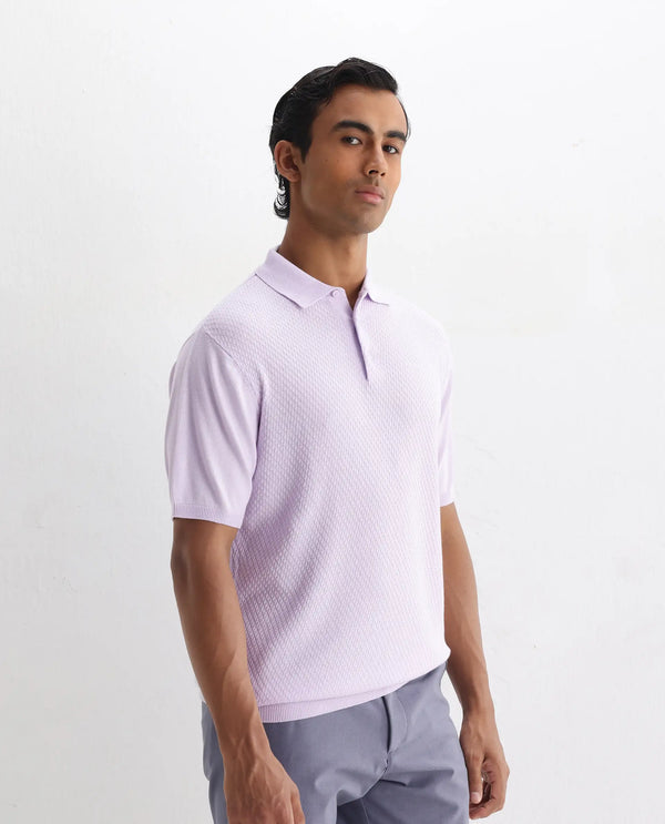 Rare Rabbit Men Xas Pastel Purple Cotton Fabric Short Sleeve Regular Collared Cable Knit Plain Polo T-Shirt