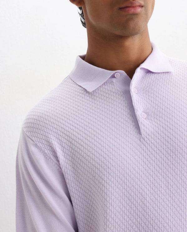 Rare Rabbit Men Xas Pastel Purple Cotton Fabric Short Sleeve Regular Collared Cable Knit Plain Polo T-Shirt