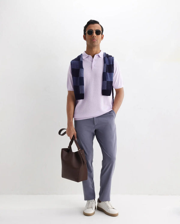Rare Rabbit Men Xas Pastel Purple Cotton Fabric Short Sleeve Regular Collared Cable Knit Plain Polo T-Shirt