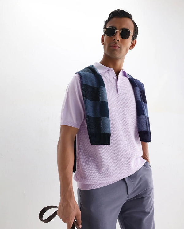 Rare Rabbit Men Xas Pastel Purple Cotton Fabric Short Sleeve Regular Collared Cable Knit Plain Polo T-Shirt