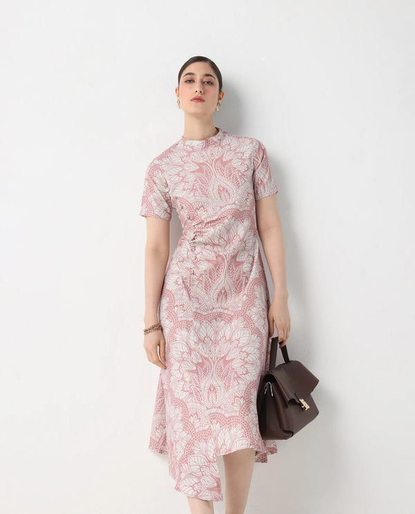 Rareism Women's Xem Light Multi Satin Fabric High Neck Zipper Closure Half Sleeve Paisley Print Straight Fit Midi Dress