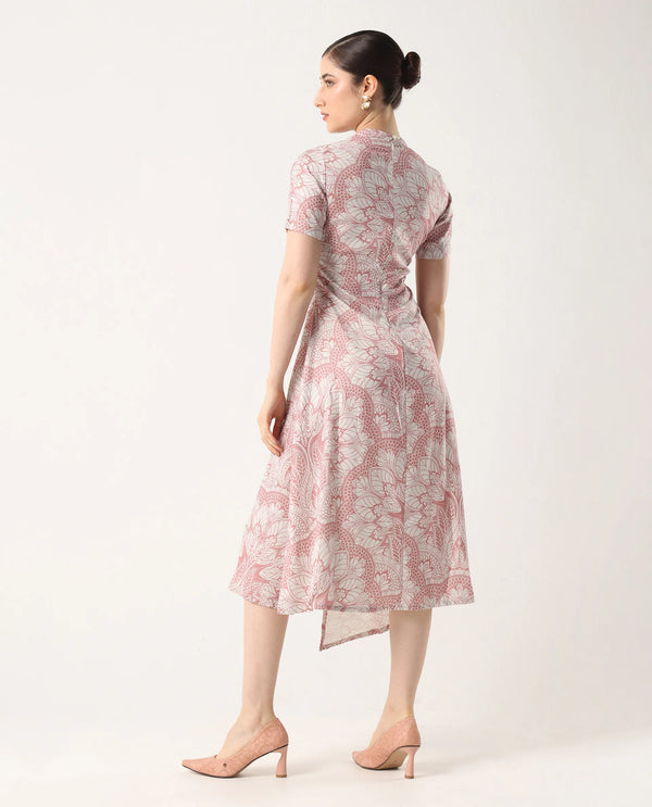 Rareism Women's Xem Light Multi Satin Fabric High Neck Zipper Closure Half Sleeve Paisley Print Straight Fit Midi Dress