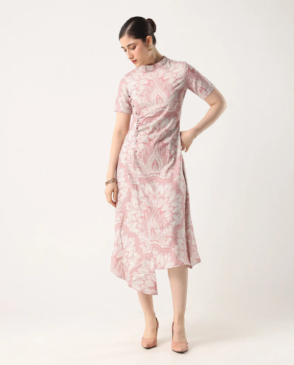 Rareism Women's Xem Light Multi Satin Fabric High Neck Zipper Closure Half Sleeve Paisley Print Straight Fit Midi Dress