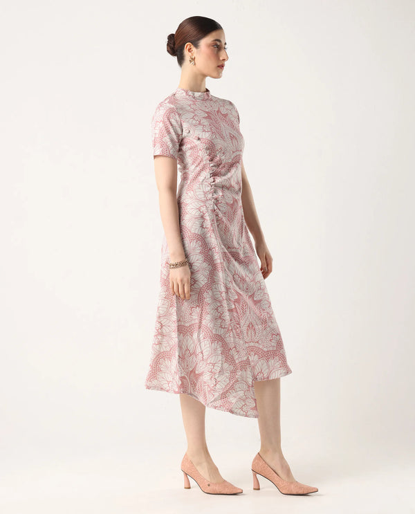 Rareism Women's Xem Light Multi Satin Fabric High Neck Zipper Closure Half Sleeve Paisley Print Straight Fit Midi Dress